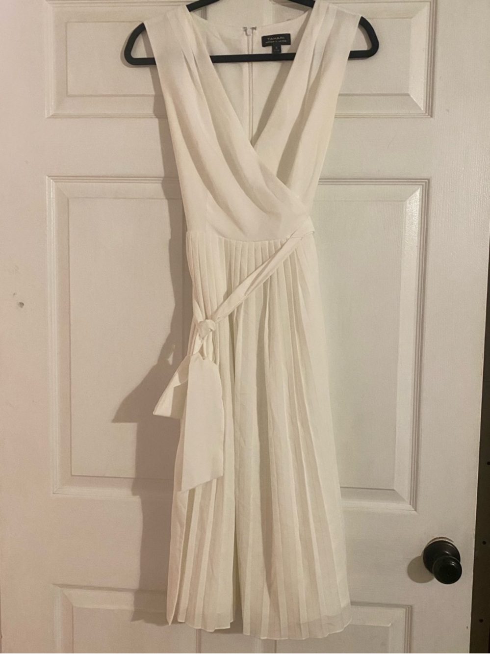 Tahari White Sleeveless Pleated Wrap Midi Dress